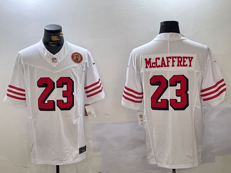 Men San Francisco 49ers #23 Mccaffrey White Three generations 2024 Nike Vapor Limited NFL Jersey style 3